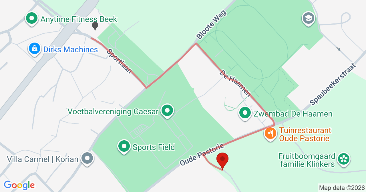 Kaart van het incident in Beek met de aanrijroutes van de gealarmeerde eenheden
