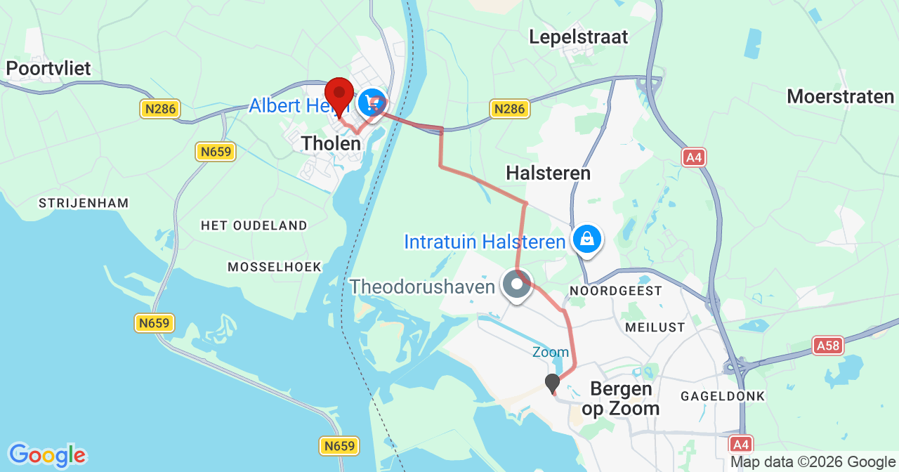 Kaart van het incident in Tholen met de aanrijroutes van de gealarmeerde eenheden