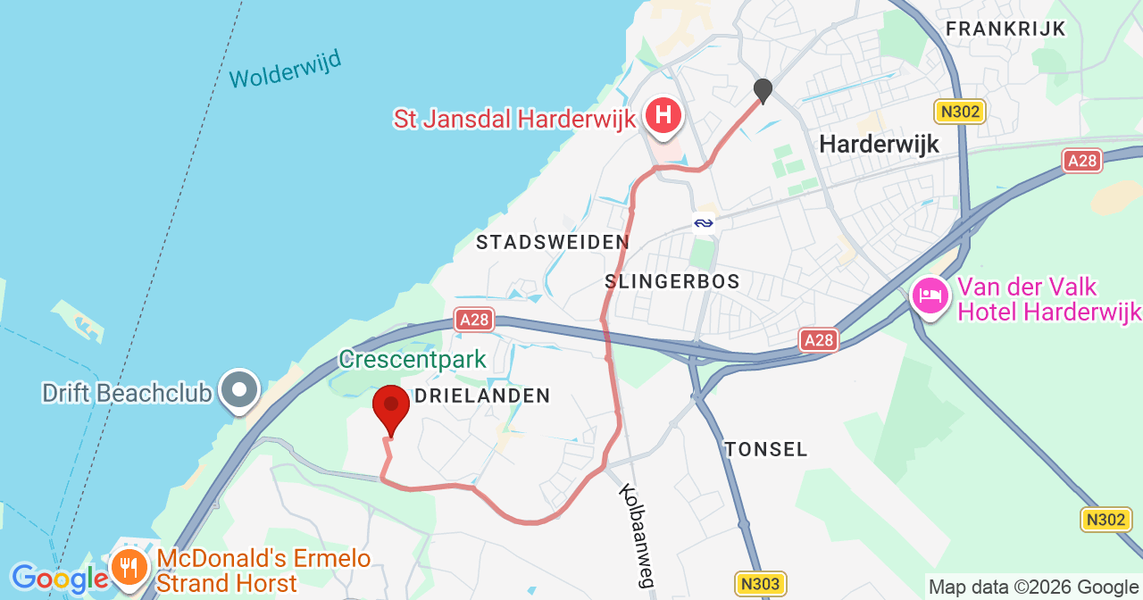Kaart van het incident in Harderwijk met de aanrijroutes van de gealarmeerde eenheden