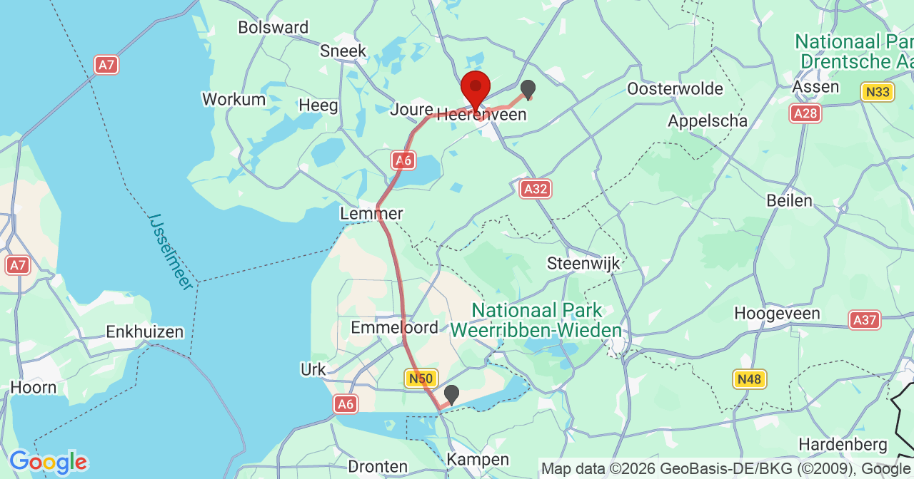 Kaart van het incident in Heerenveen met de aanrijroutes van de gealarmeerde eenheden