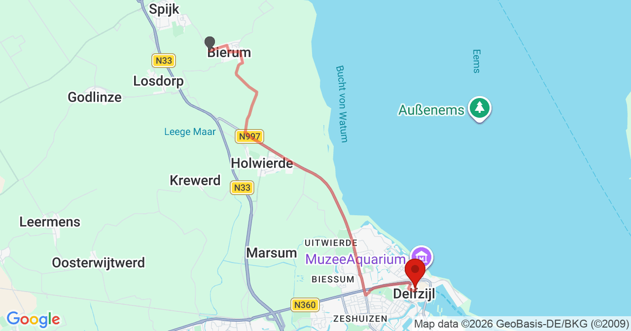 Kaart van het incident in Delfzijl met de aanrijroutes van de gealarmeerde eenheden