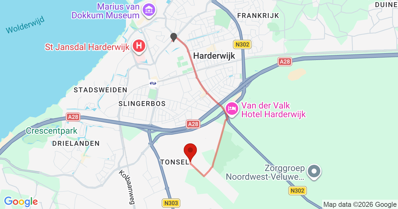 Kaart van het incident in Ermelo met de aanrijroutes van de gealarmeerde eenheden
