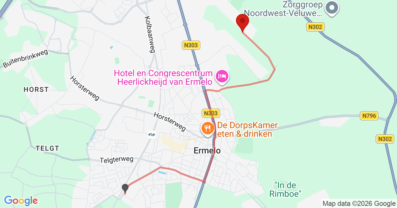 Kaart van het incident in Ermelo met de aanrijroutes van de gealarmeerde eenheden