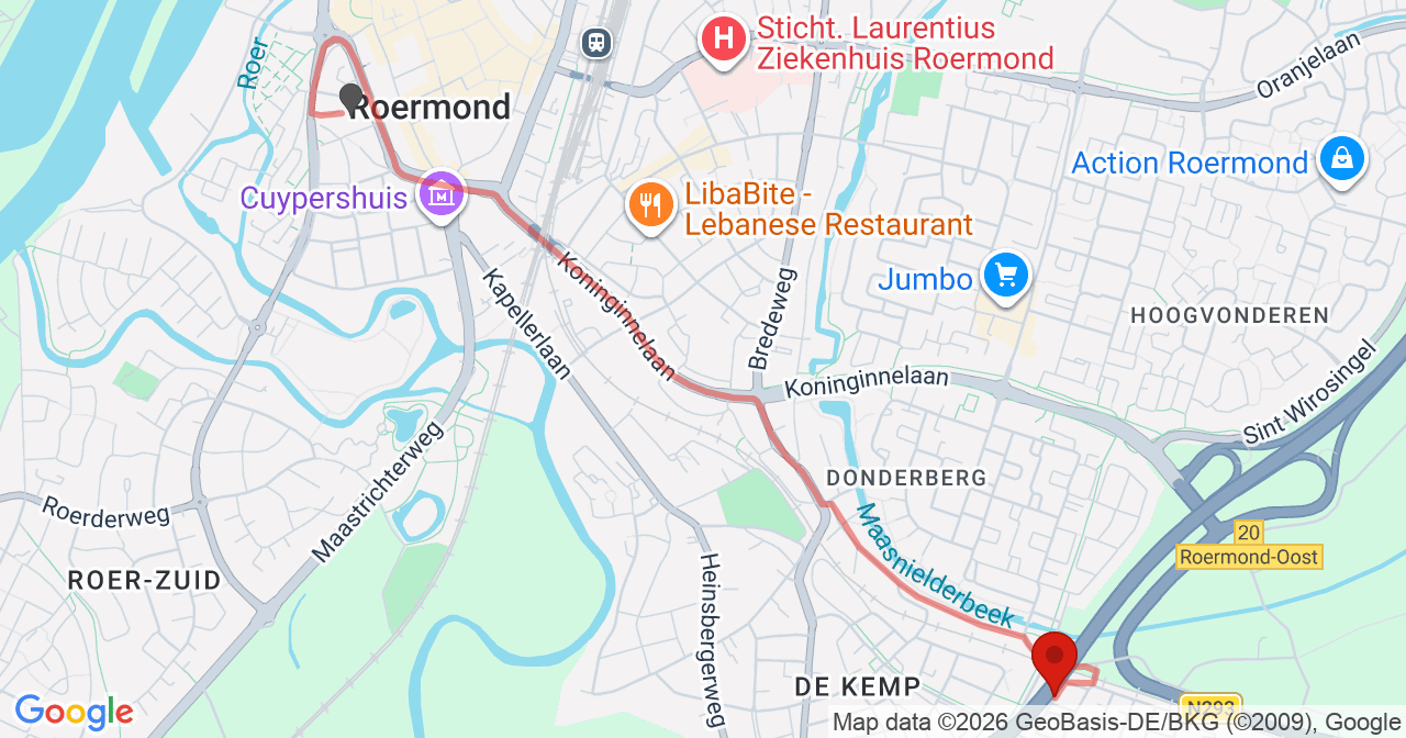 Kaart van het incident in Roermond met de aanrijroutes van de gealarmeerde eenheden
