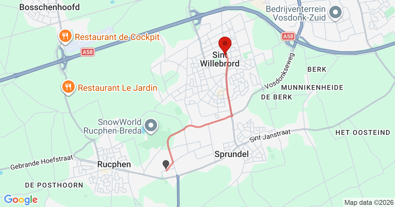 Kaart van het incident in St. Willebrord met de aanrijroutes van de gealarmeerde eenheden