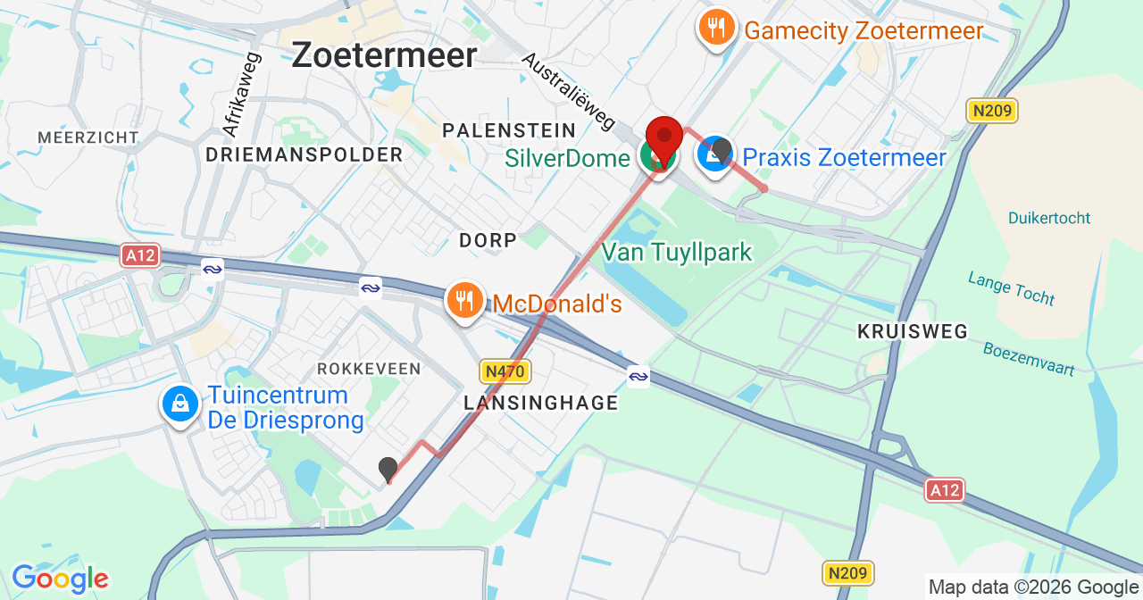 Kaart van het incident in Zoetermeer met de aanrijroutes van de gealarmeerde eenheden