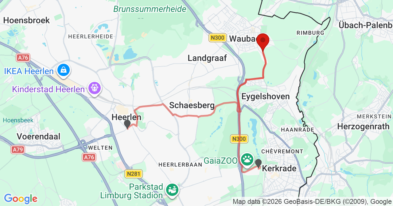 Kaart van het incident in Landgraaf met de aanrijroutes van de gealarmeerde eenheden