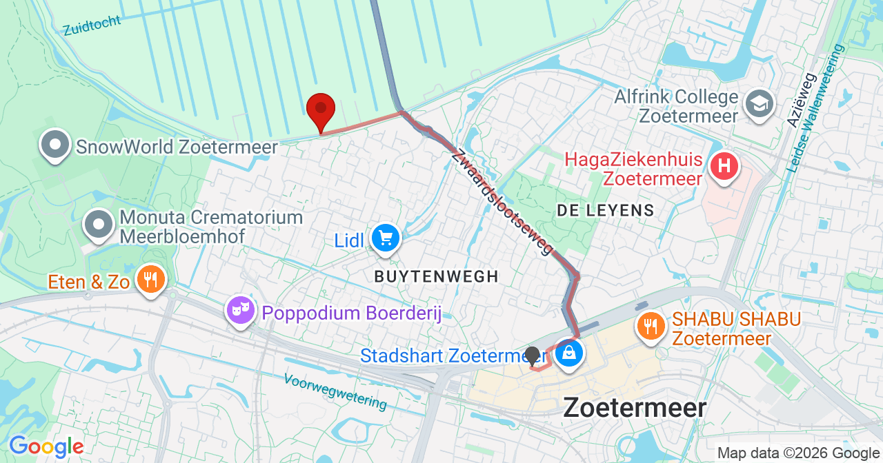 Kaart van het incident in Zoetermeer met de aanrijroutes van de gealarmeerde eenheden