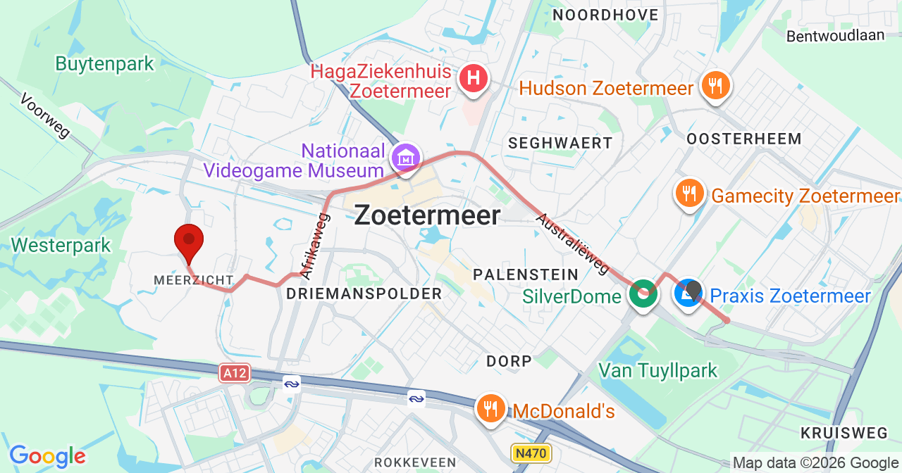 Kaart van het incident in Zoetermeer met de aanrijroutes van de gealarmeerde eenheden