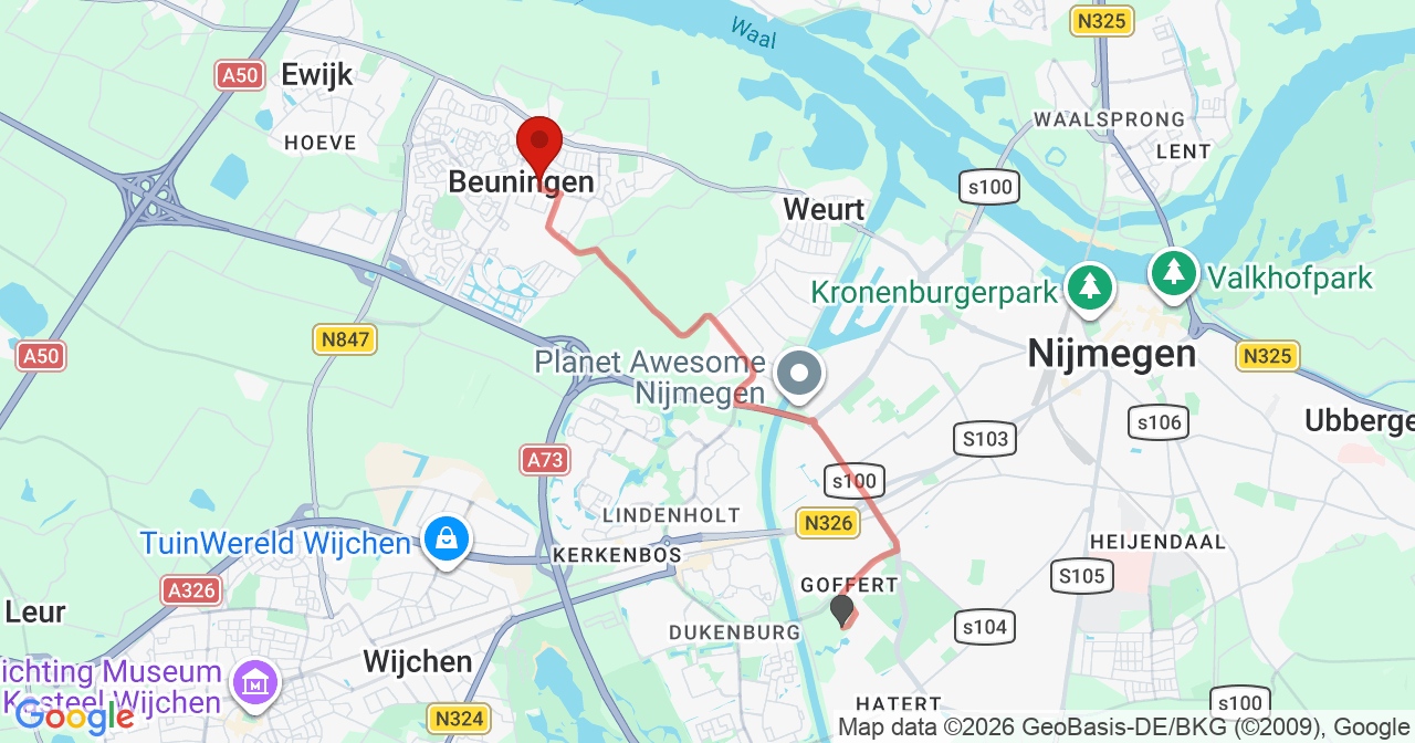 Kaart van het incident in Beuningen Gld met de aanrijroutes van de gealarmeerde eenheden