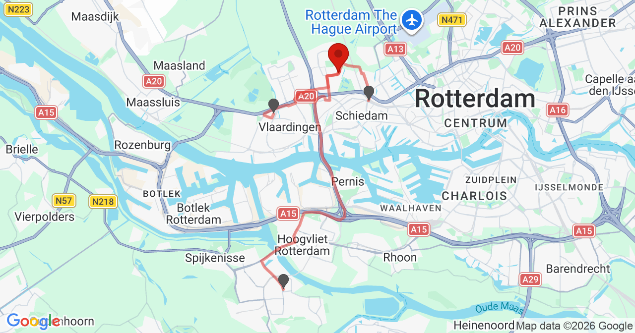 Kaart van het incident in Schiedam met de aanrijroutes van de gealarmeerde eenheden