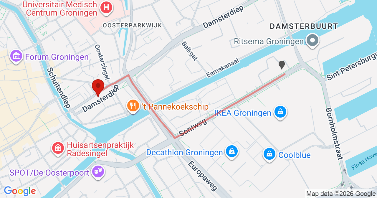 Kaart van het incident in Groningen met de aanrijroutes van de gealarmeerde eenheden