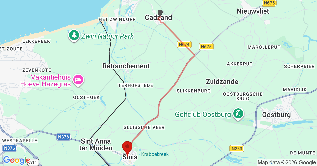 Kaart van het incident in Sluis met de aanrijroutes van de gealarmeerde eenheden