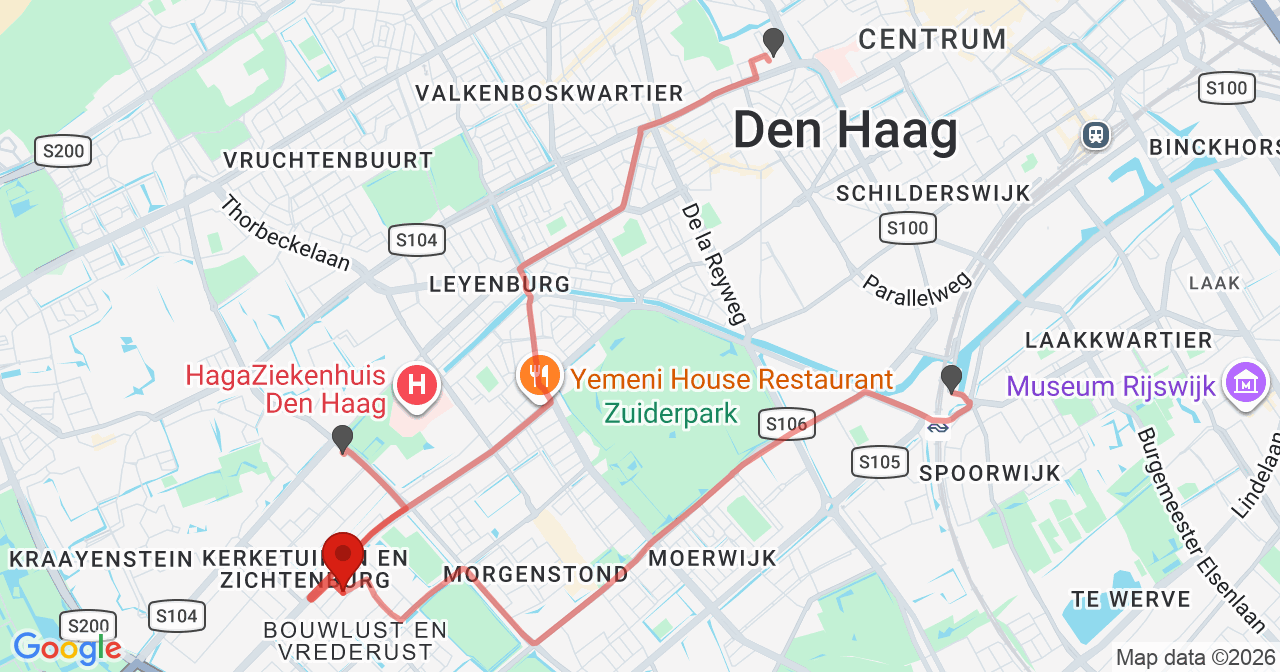 Kaart van het incident in 's-Gravenhage met de aanrijroutes van de gealarmeerde eenheden