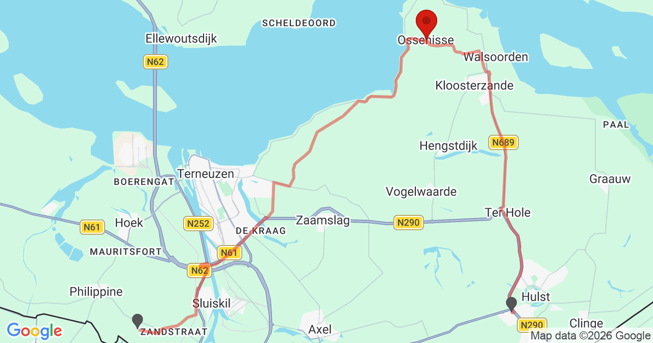 Kaart van het incident in Ossenisse met de aanrijroutes van de gealarmeerde eenheden