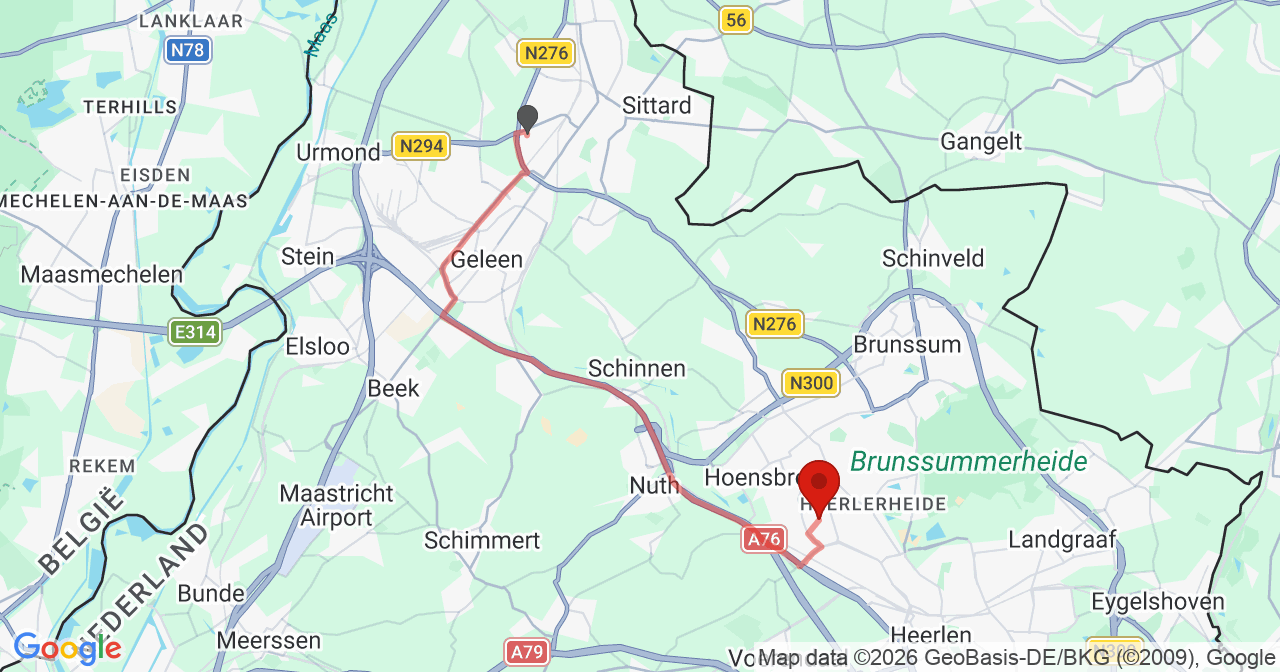 Kaart van het incident in Hoensbroek met de aanrijroutes van de gealarmeerde eenheden