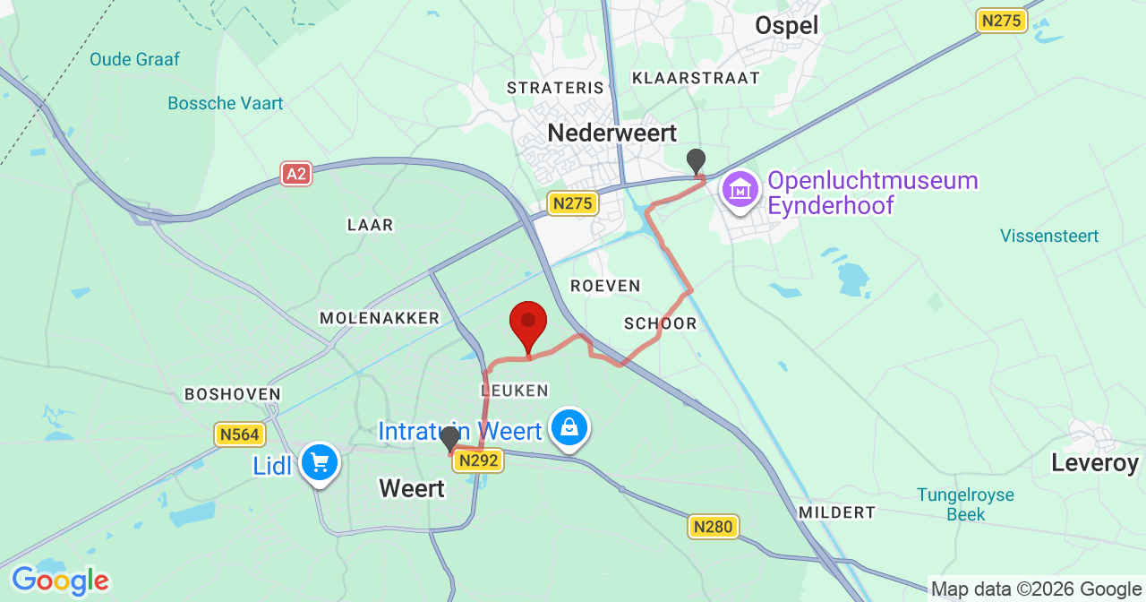 Kaart van het incident in Weert met de aanrijroutes van de gealarmeerde eenheden