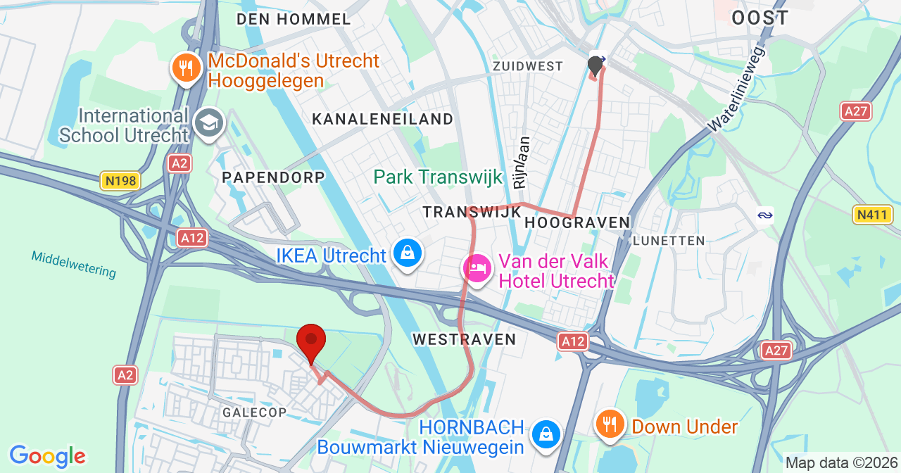 Kaart van het incident in Nieuwegein met de aanrijroutes van de gealarmeerde eenheden