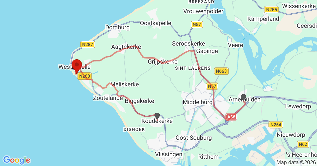 Kaart van het incident in Westkapelle met de aanrijroutes van de gealarmeerde eenheden