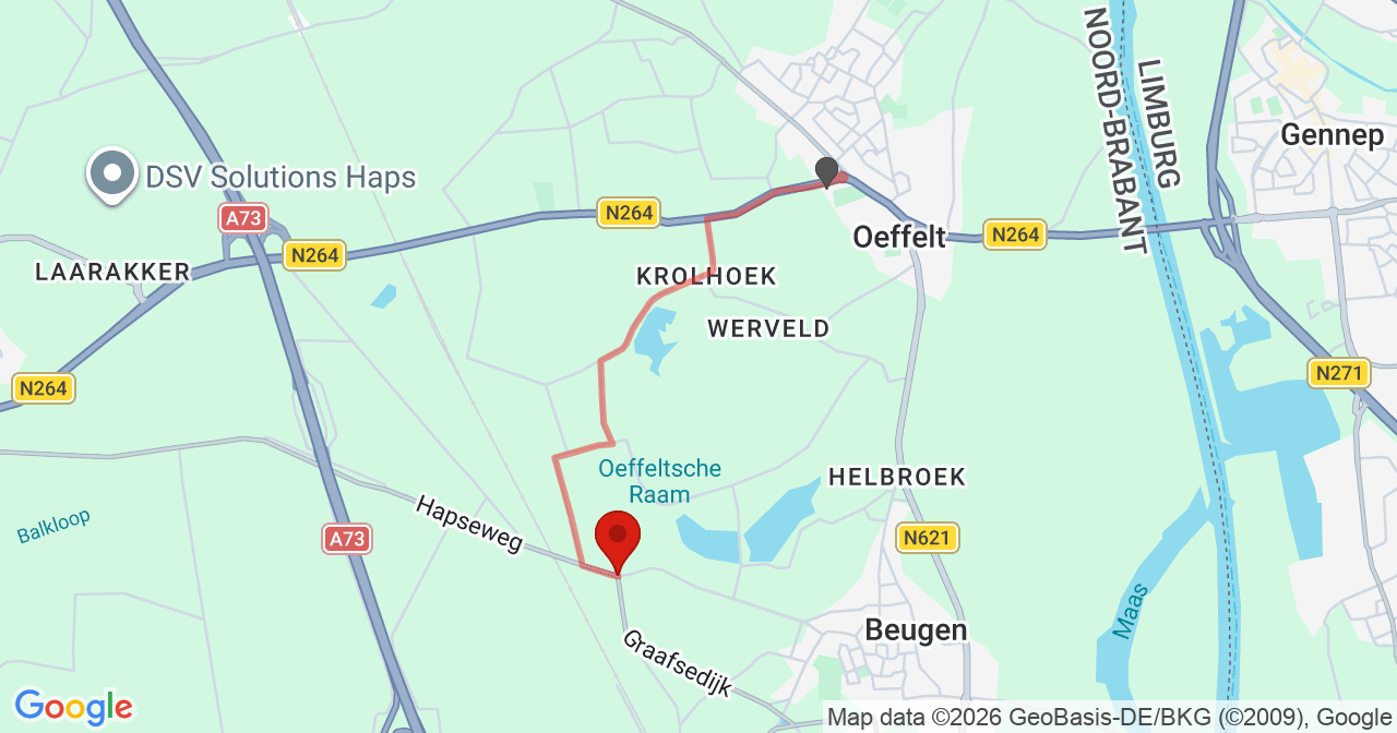 Kaart van het incident in Beugen met de aanrijroutes van de gealarmeerde eenheden