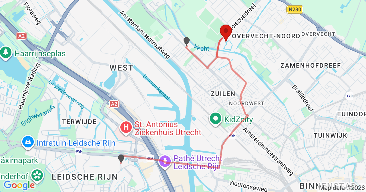 Kaart van het incident in Utrecht met de aanrijroutes van de gealarmeerde eenheden