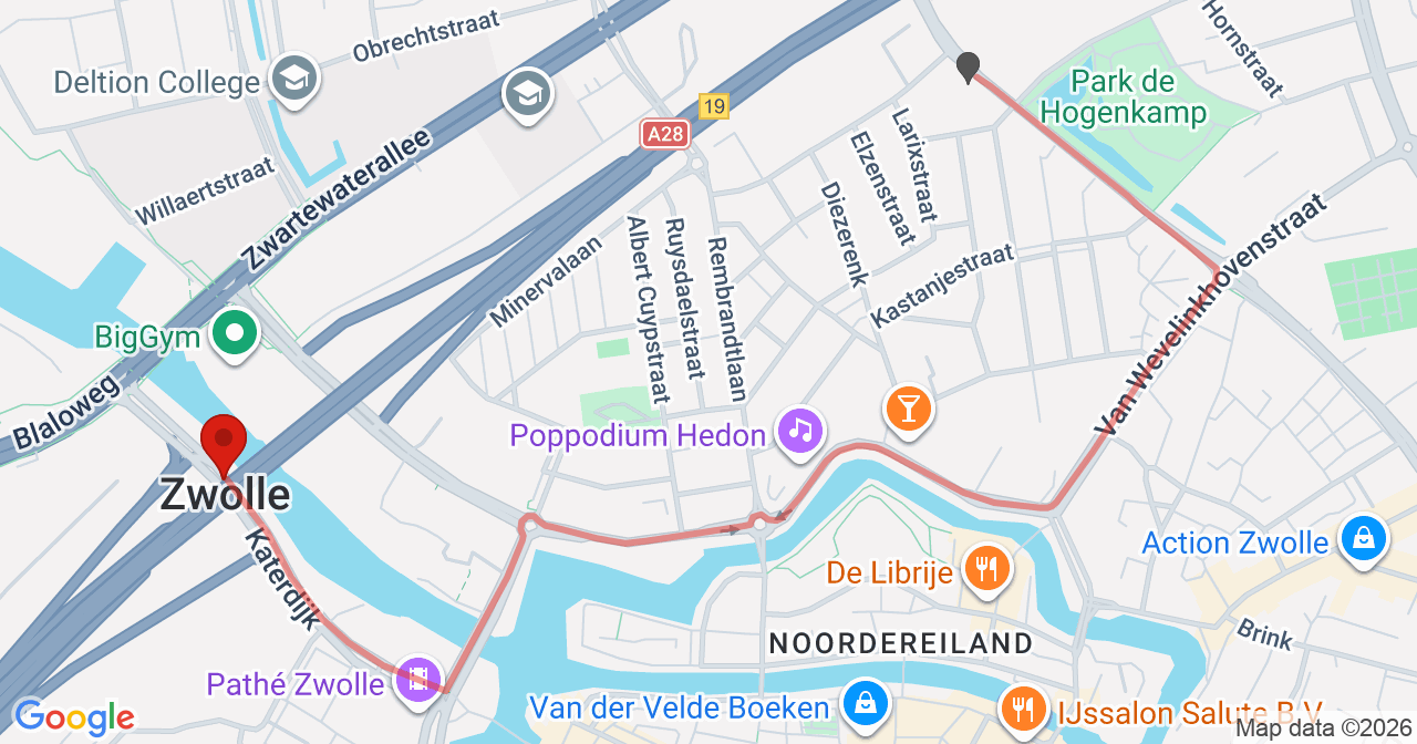 Kaart van het incident in Zwolle met de aanrijroutes van de gealarmeerde eenheden