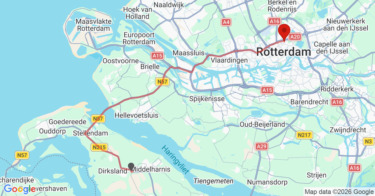 Kaart van het incident in Rotterdam met de aanrijroutes van de gealarmeerde eenheden