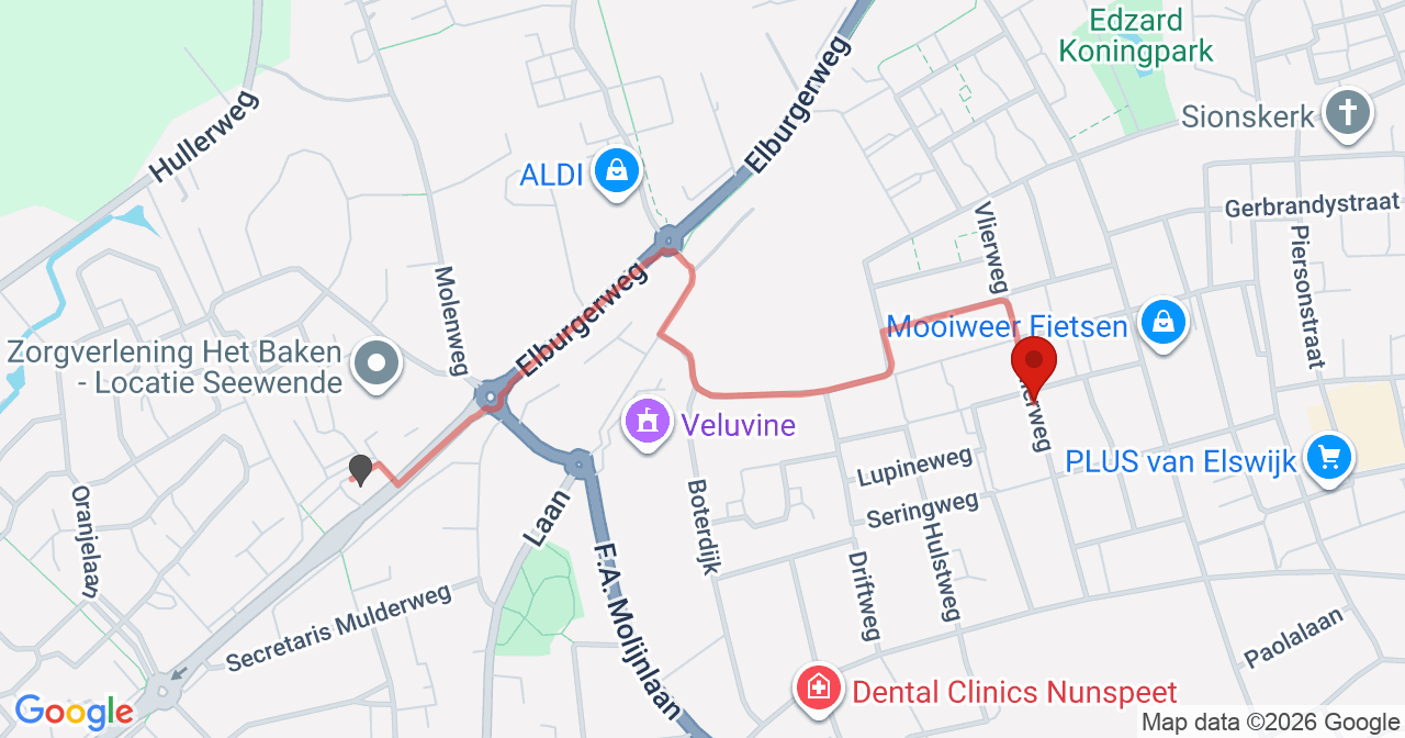 Kaart van het incident in Nunspeet met de aanrijroutes van de gealarmeerde eenheden