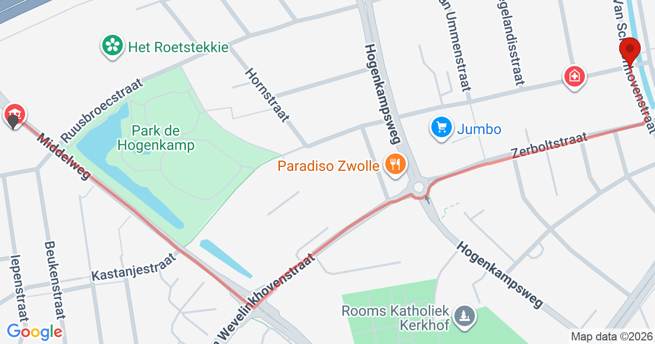 Kaart van het incident in Zwolle met de aanrijroutes van de gealarmeerde eenheden
