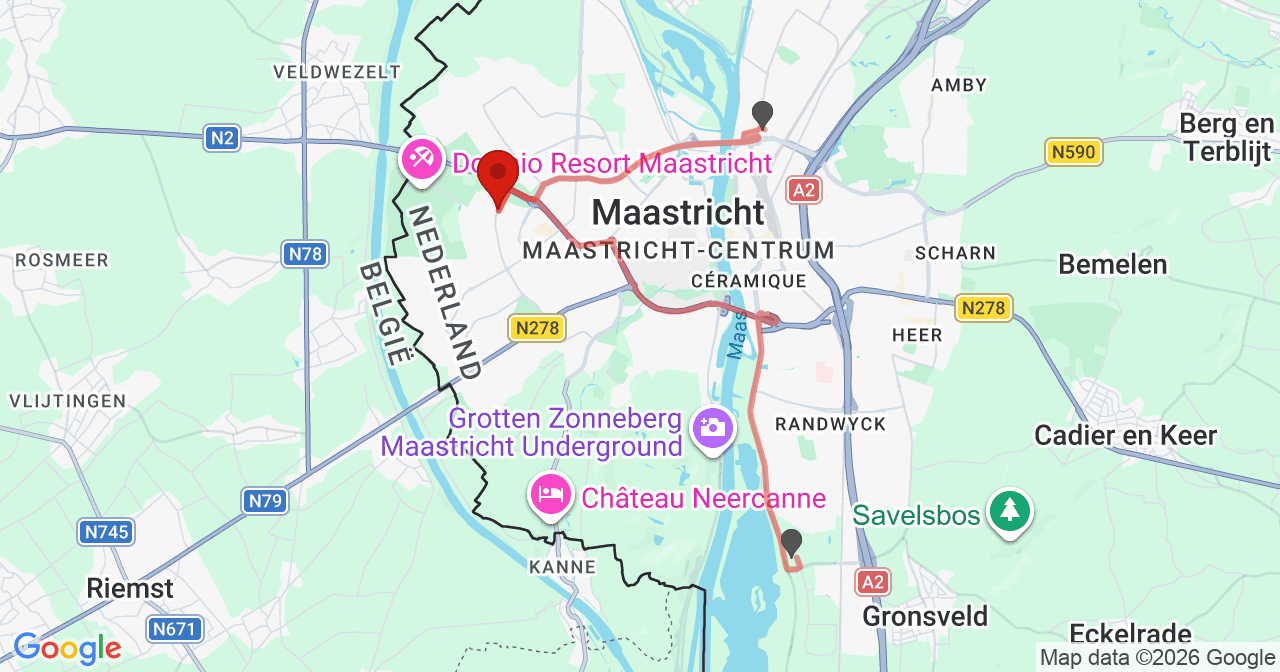 Kaart van het incident in Maastricht met de aanrijroutes van de gealarmeerde eenheden