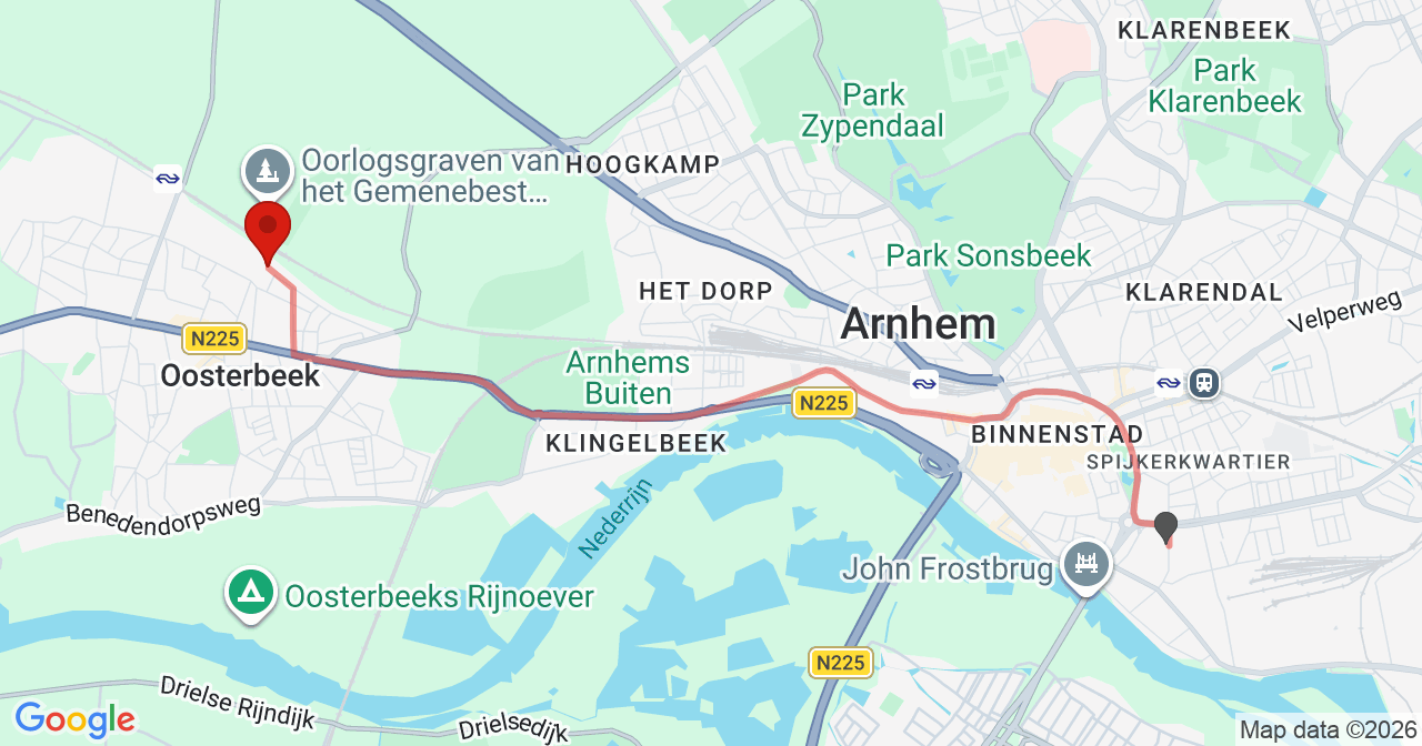 Kaart van het incident in Oosterbeek met de aanrijroutes van de gealarmeerde eenheden