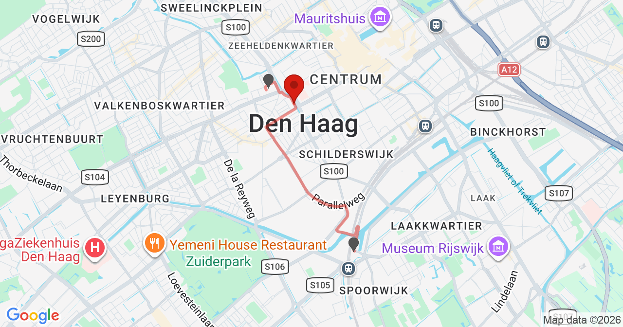 Kaart van het incident in 's-Gravenhage met de aanrijroutes van de gealarmeerde eenheden