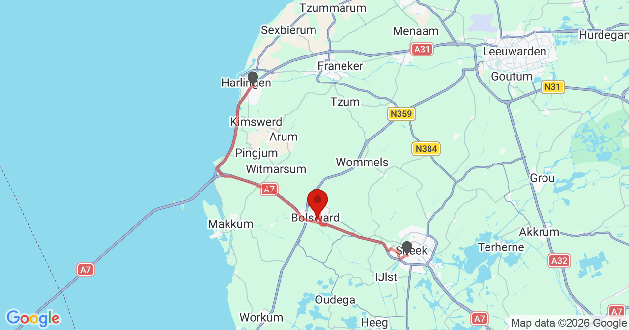 Kaart van het incident in Bolsward met de aanrijroutes van de gealarmeerde eenheden