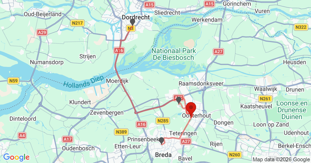 Kaart van het incident in Oosterhout NB met de aanrijroutes van de gealarmeerde eenheden