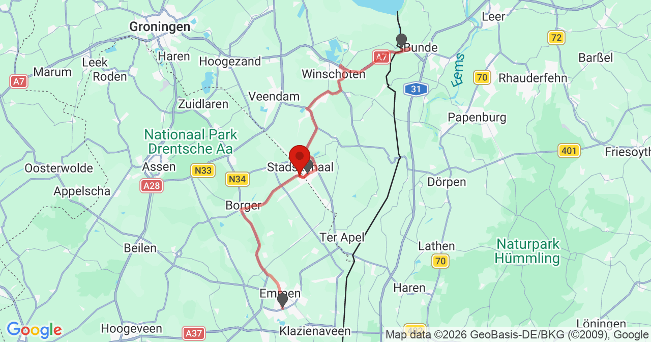 Kaart van het incident in Nieuw-Buinen met de aanrijroutes van de gealarmeerde eenheden