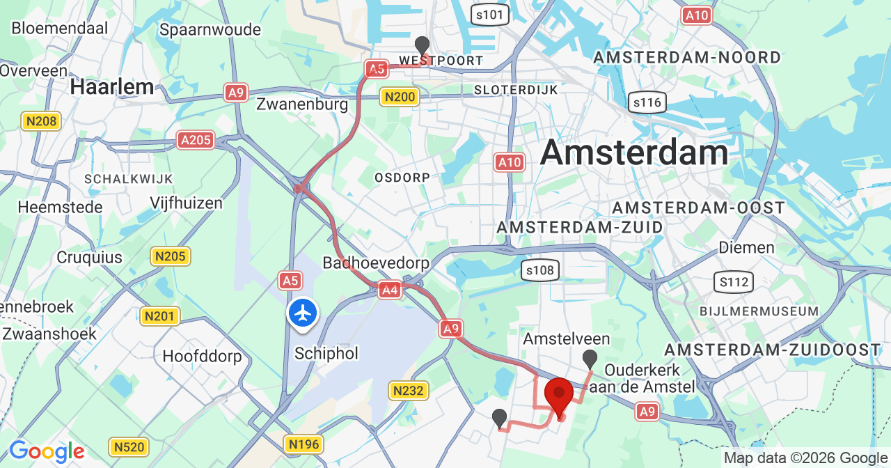 Kaart van het incident in Amstelveen met de aanrijroutes van de gealarmeerde eenheden