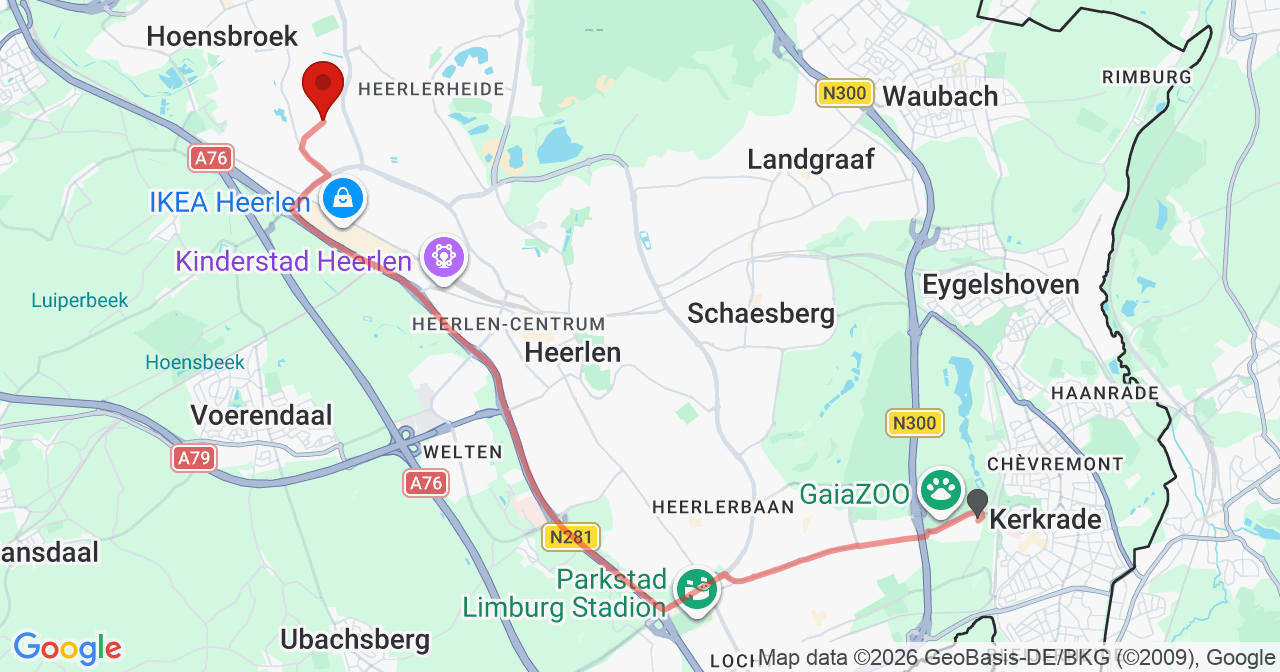 Kaart van het incident in Hoensbroek met de aanrijroutes van de gealarmeerde eenheden