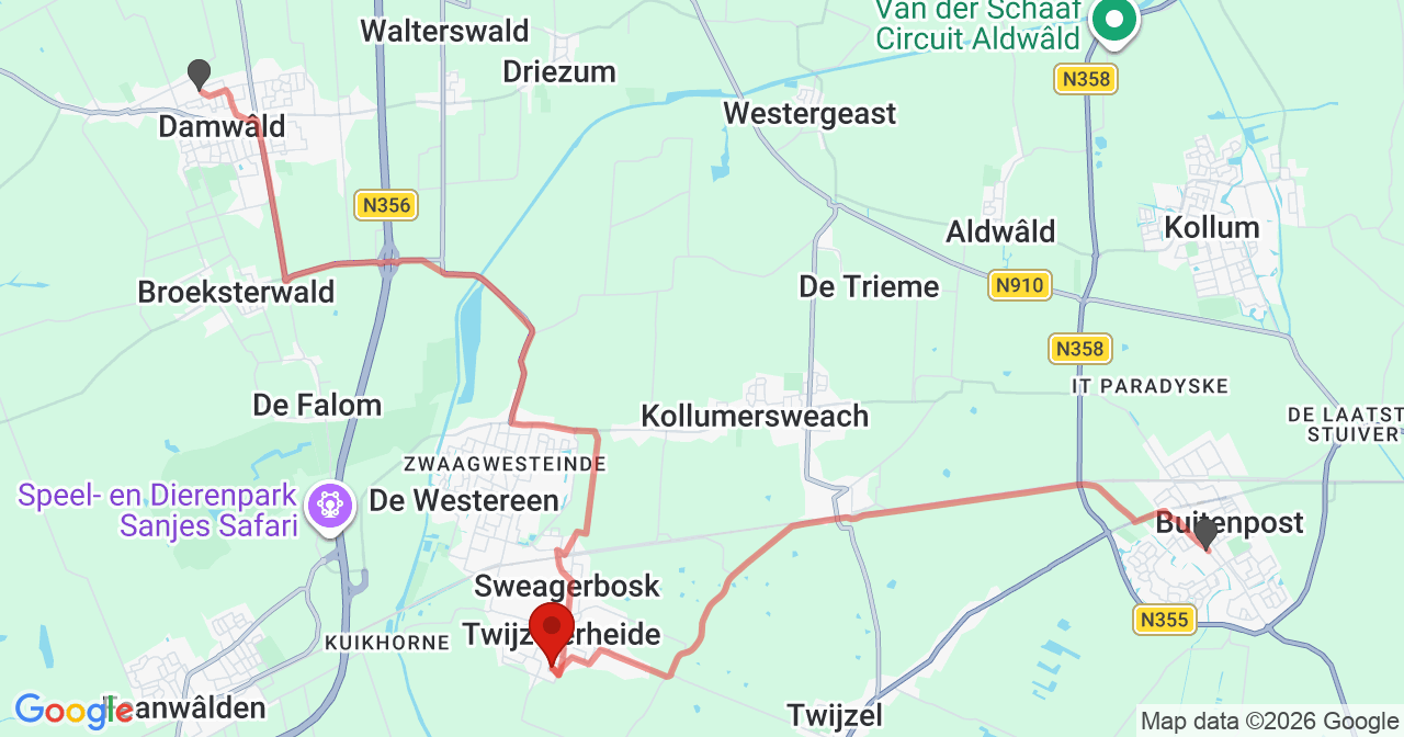 Kaart van het incident in Twijzelerheide met de aanrijroutes van de gealarmeerde eenheden