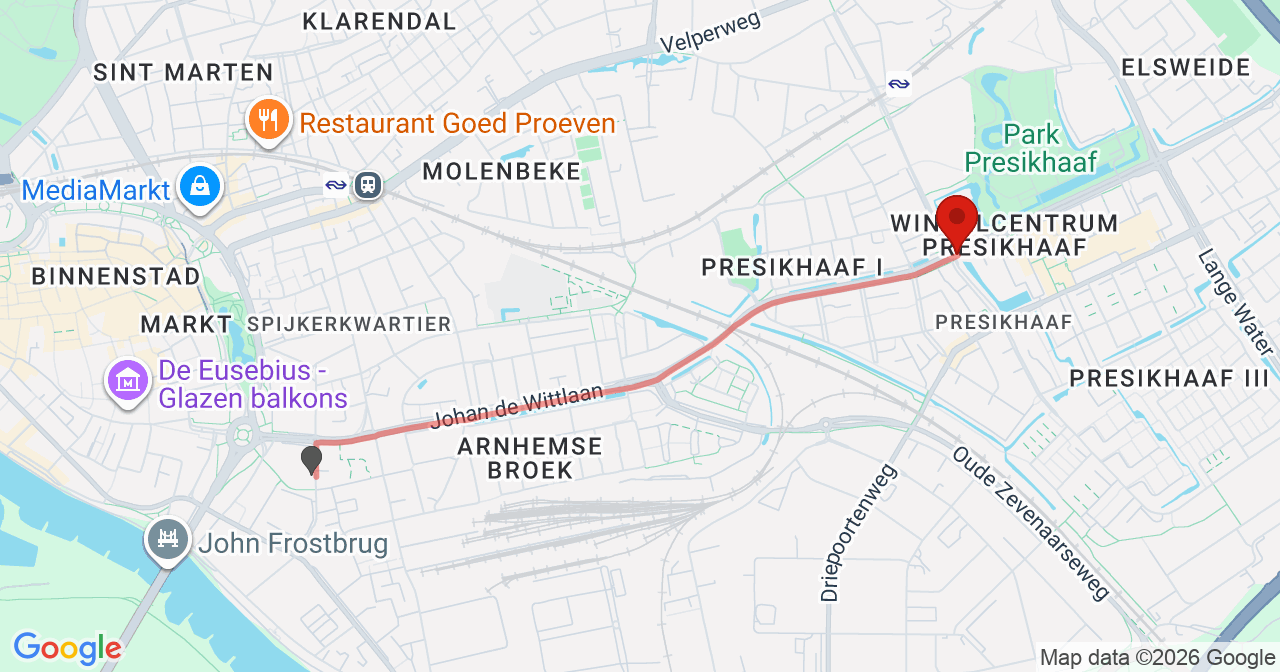Kaart van het incident in Arnhem met de aanrijroutes van de gealarmeerde eenheden