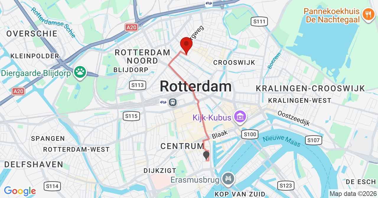 Kaart van het incident in Rotterdam met de aanrijroutes van de gealarmeerde eenheden