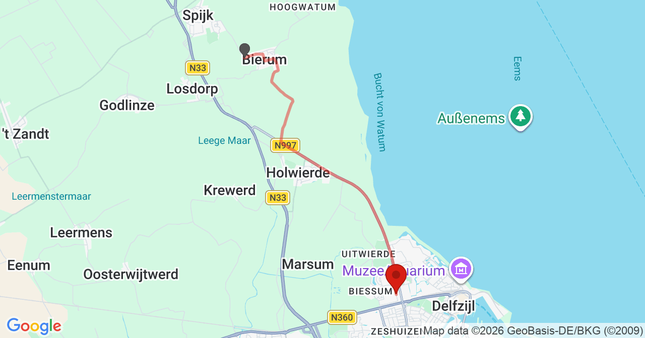 Kaart van het incident in Delfzijl met de aanrijroutes van de gealarmeerde eenheden