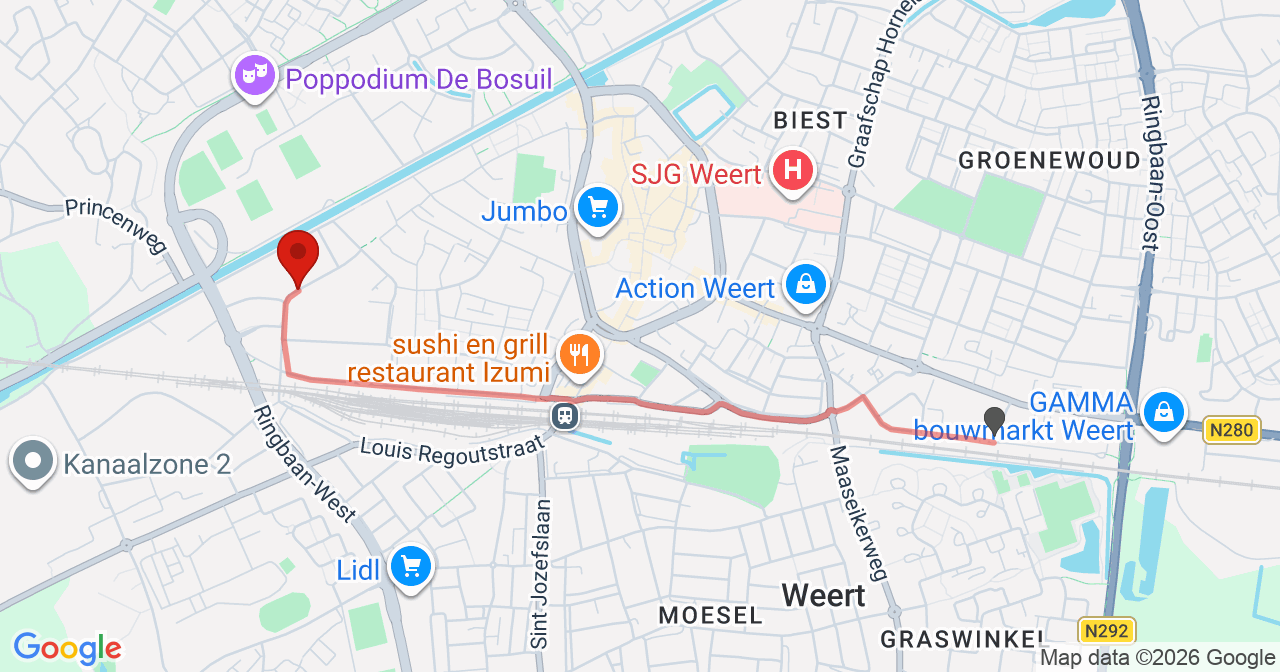 Kaart van het incident in Weert met de aanrijroutes van de gealarmeerde eenheden