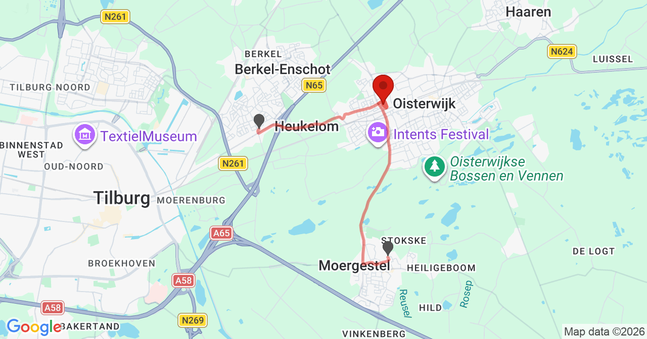 Kaart van het incident in Oisterwijk met de aanrijroutes van de gealarmeerde eenheden