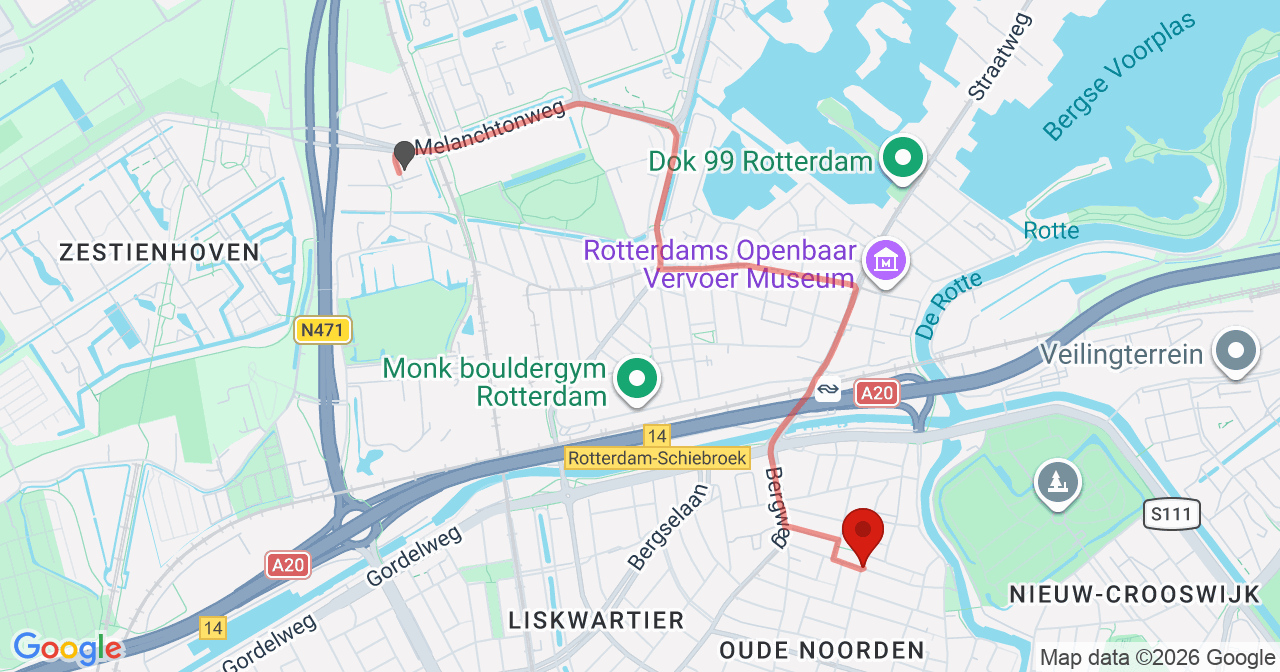 Kaart van het incident in Rotterdam met de aanrijroutes van de gealarmeerde eenheden