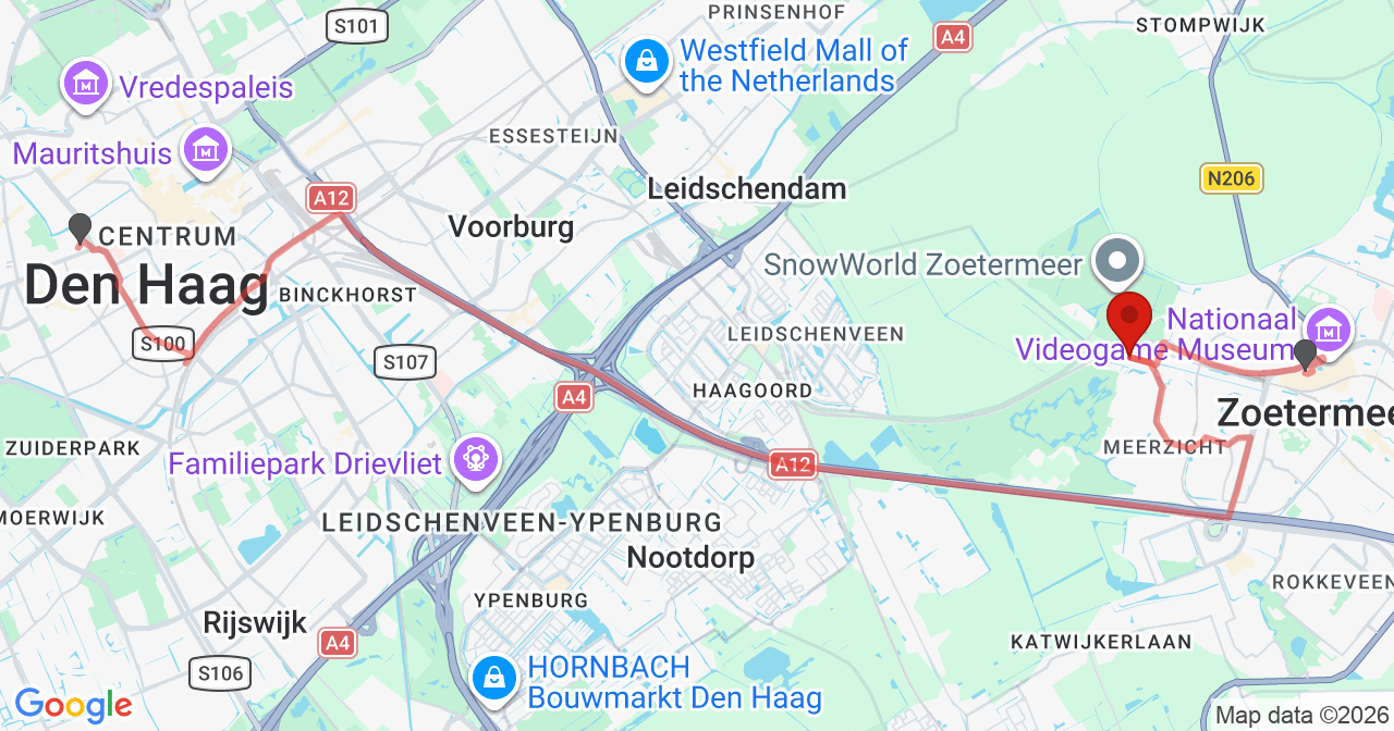 Kaart van het incident in Zoetermeer met de aanrijroutes van de gealarmeerde eenheden