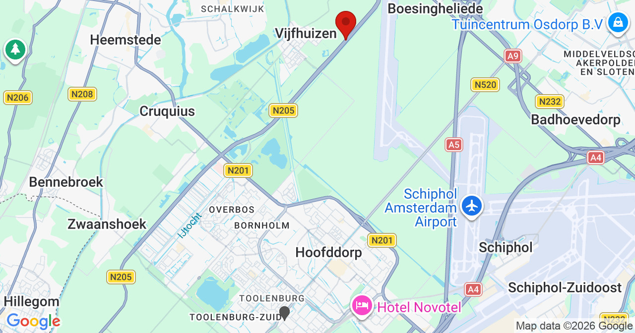 Kaart van het incident in Vijfhuizen met de aanrijroutes van de gealarmeerde eenheden