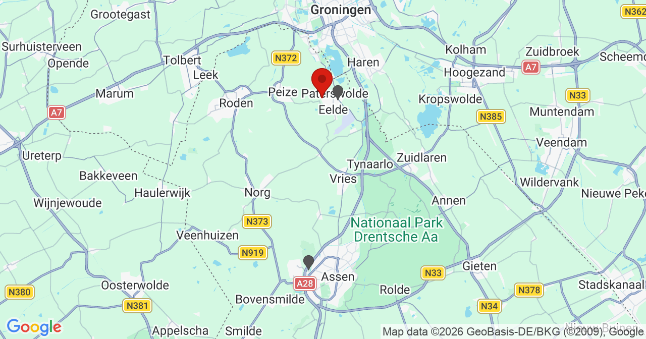 Kaart van het incident in Eelde met de aanrijroutes van de gealarmeerde eenheden