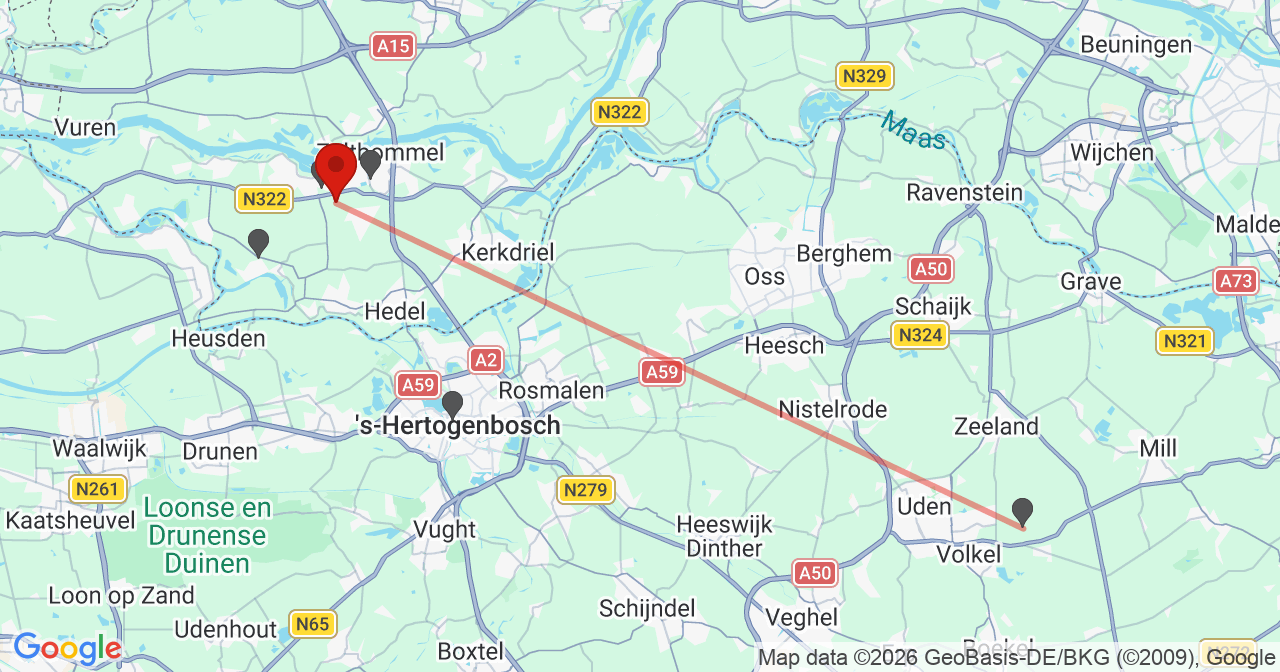 Kaart van het incident in Bruchem met de aanrijroutes van de gealarmeerde eenheden