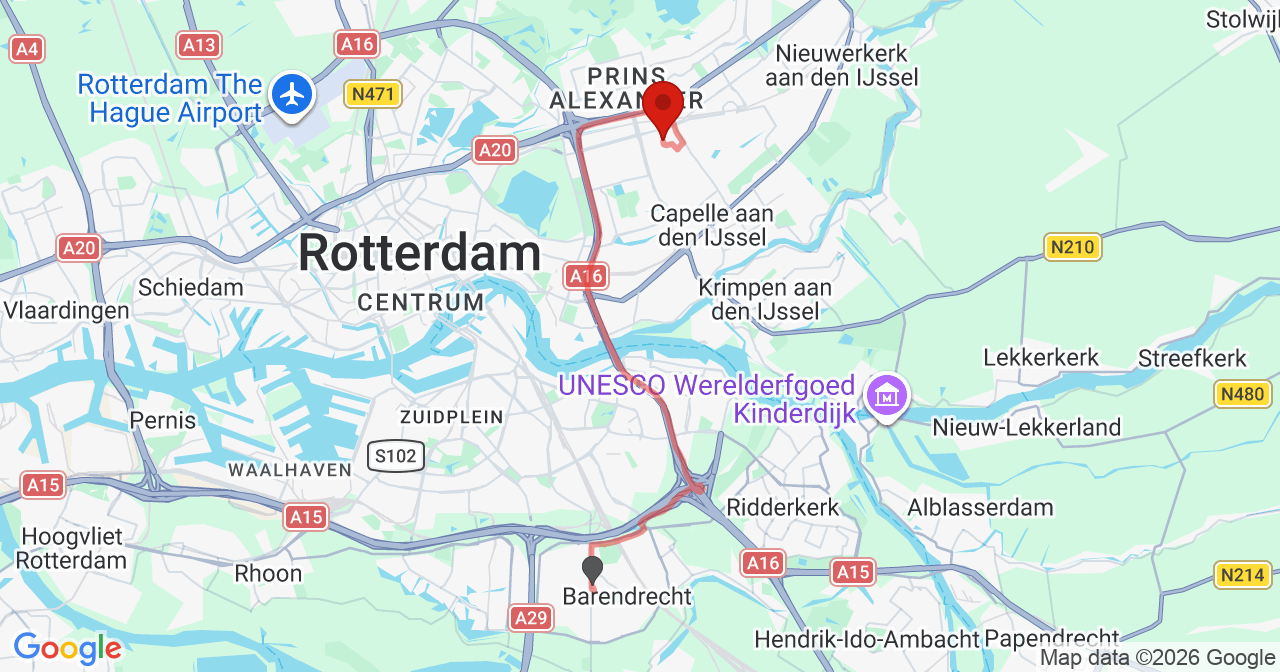 Kaart van het incident in Rotterdam met de aanrijroutes van de gealarmeerde eenheden