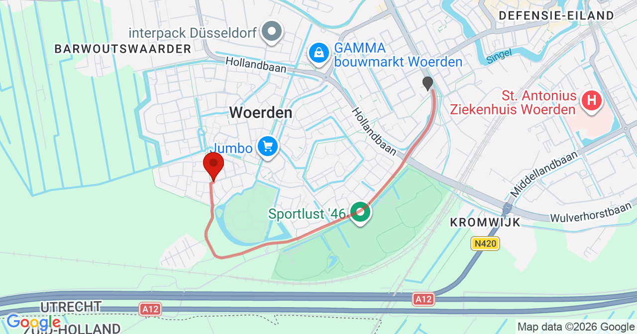 Kaart van het incident in Woerden met de aanrijroutes van de gealarmeerde eenheden